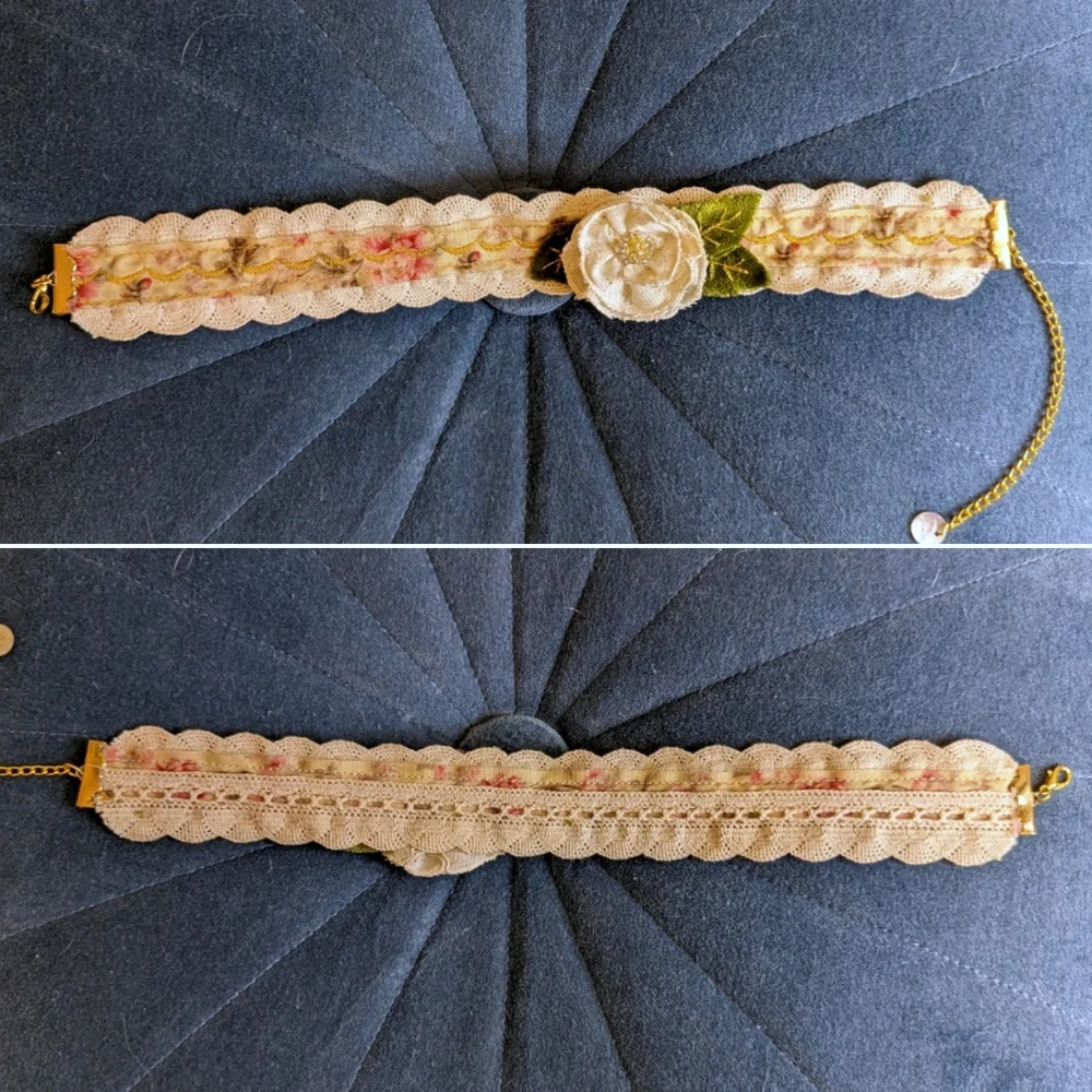 Handmade Antique Lace Floral Choker with beading, lace, Ribbon and Velvet - Picture 10 of 10